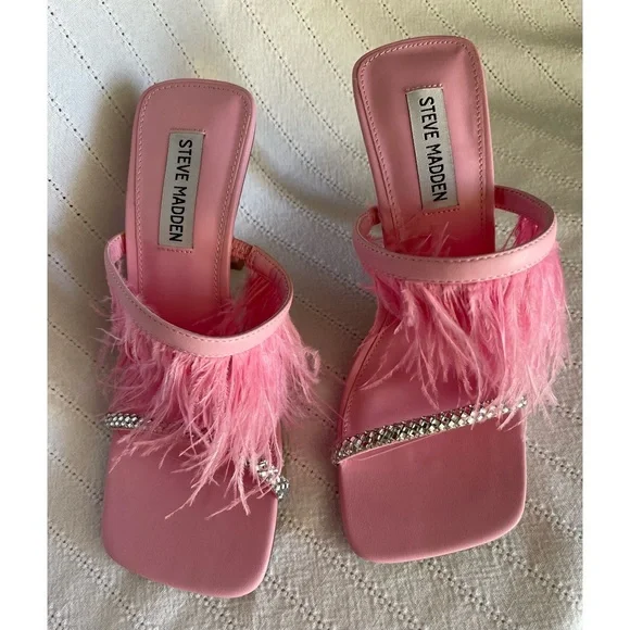 Steve Madden Avilon Feather and Rhinestone Slide Dress Sandals in Pink - Picture 1 of 9